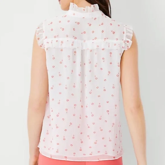 Ann Taylor Floral Tie Neck Ruffle Yoke Top Size Small - Picture 3 of 8